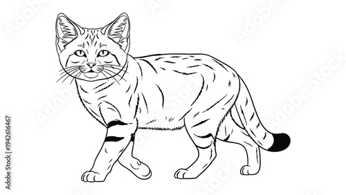 Desert Cat Illustration: This monochrome illustration presents a desert cat with keen eyes, demonstrating an exquisite and minimalist style. The cat is shown as a graceful predator.