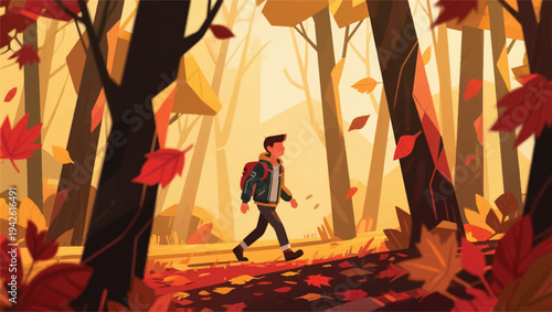 Illustration Of An Adventurer Walking In The Forest With An Autumn Atmosphere Vector Design Template