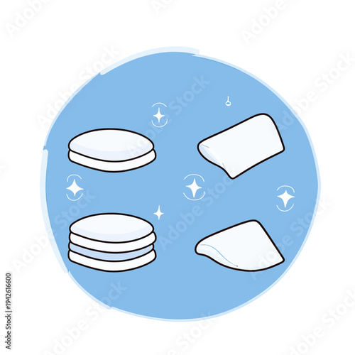 Flat minimalist vector illustration of white cotton pads and makeup remover pads in various shapes on blue circular background with sparkle effects