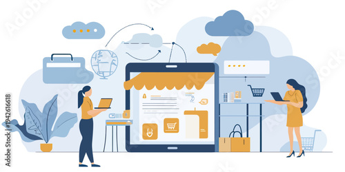 Flat minimalist vector illustration of two women using laptops to manage online shopping and cloud data connection with digital storefront and shopping carts