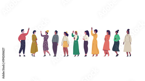 Group of diverse women standing in a row wearing colorful dresses waving and smiling, flat minimalist vector illustration of people together in casual clothing