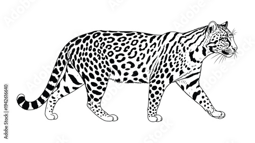 Jaguar in Motion: This detailed monochrome illustration captures the strength and grace of a jaguar, depicted in mid-stride.