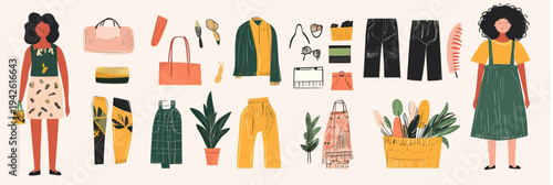 Flat minimalist sustainable fashion illustration set featuring eco friendly clothing accessories plants women casual wear and shopping elements vector collection