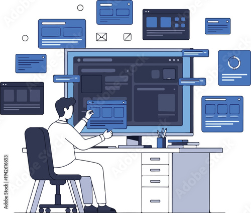 A man sits at a desk working on a large computer with various interface elements floating around him in an office.