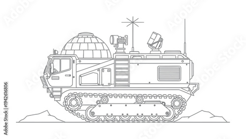 Futuristic All-Terrain Vehicle Outline: Detailed black and white line art of a cutting-edge all-terrain vehicle, equipped with advanced technology and designed for extreme environments.