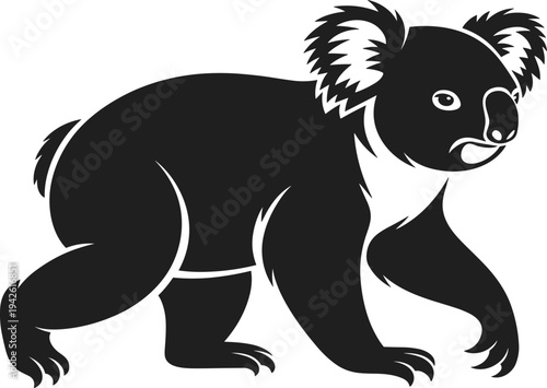 PrintKoala silhouette vector illustration, cute Australian marsupial wildlife animal clipart isolated in black, native eucalyptus tree bear design for logo, tattoo, nature branding