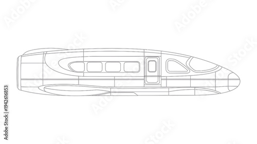 Modern High-Speed Rail Blueprint: Minimalist line drawing showing the side view of a futuristic high-speed train on white showcasing sleek design.
