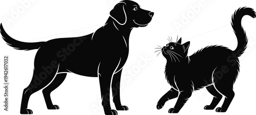 Dog and cat silhouette vector illustration, playful domestic pets connected by leash line, black animal clipart isolated for logo, veterinary branding, pet shop, and designPrint