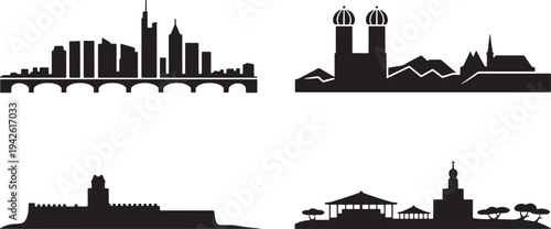 German city silhouettes including frankfurt am main and munich landmarks with bridge and towers