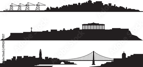 Global city silhouettes featuring port cranes ancient ruins modern bridges and varied topography