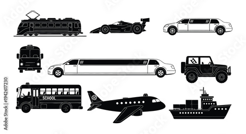 Black and white silhouettes of various transportation vehicles including cars and a train