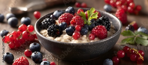 A bowl of cereal and berries for a country breakfast