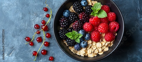 A bowl of cereal and berries for a country breakfast