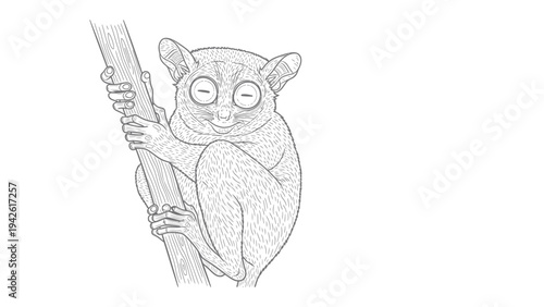 Tarsier on Branch: An intricately detailed illustration of a tarsier clinging to a branch, its large, expressive eyes and tiny hands capturing the unique charm of this arboreal primate. 