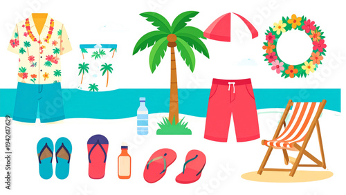 Summer Vacation Outfit Collection with Hawaiian Shirt Shorts Flip Flops and Floral Wreath Vector Illustration Set for Beach Holiday Design