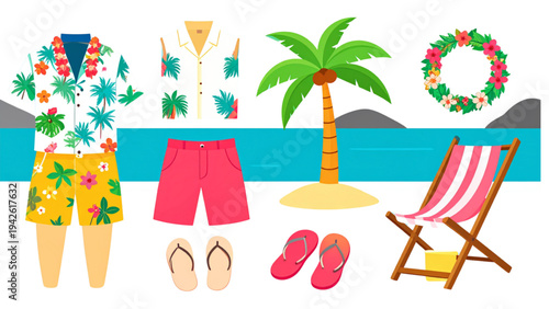 Summer Vacation Outfit Collection with Hawaiian Shirt Shorts Flip Flops and Floral Wreath Vector Illustration Set for Beach Holiday Design