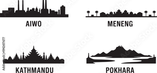 Nauru and Nepal city skylines collection featuring Aiwo Meneng Kathmandu and Pokhara silhouettes