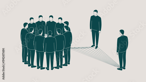 An illustration of a man controlling a group of people from above with strings attached to their hands.