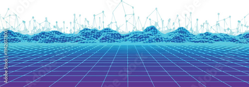 A futuristic grid landscape with blue wave nodes Technology Network Graphic