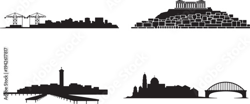 Set of black city skylines and historical landscapes silhouettes on transparent background vector
