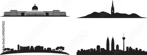Set of black city skylines and landscapes silhouettes on transparent background stock illustration