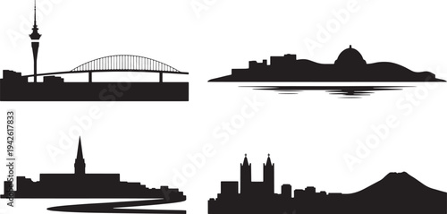 Set of black city skylines and landscapes silhouettes on transparent background stock image