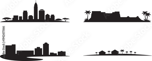 Set of black city skylines and landscapes silhouettes on transparent background stock vector