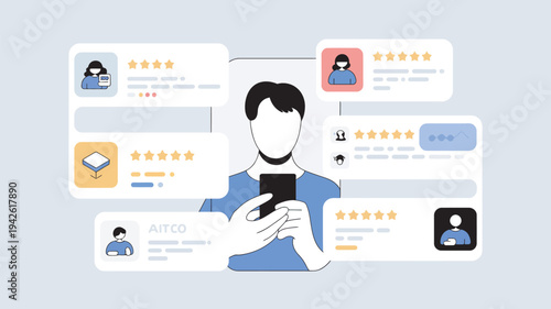 A man surrounded by social media reviews and ratings on his phone
