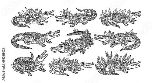 Intricate black and white illustration of various alligator and crocodile poses