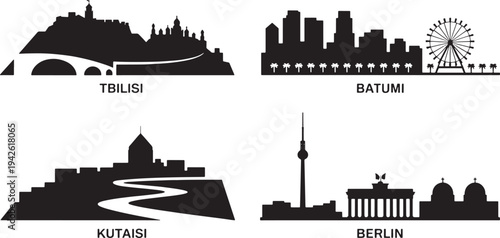 Tbilisi and Batumi skylines Georgian landmarks in silhouette isolated on white background vector illustration
