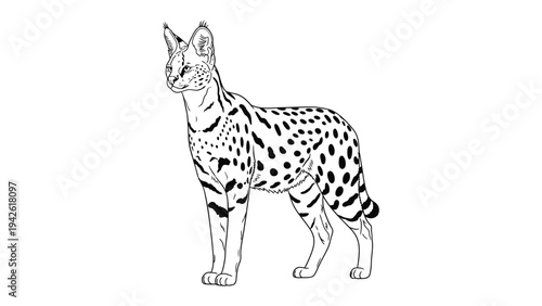Majestic Savannah Cat Illustration: A striking black and white line art illustration showcases the elegant Savannah cat, highlighting its unique spotted coat and alert stance.