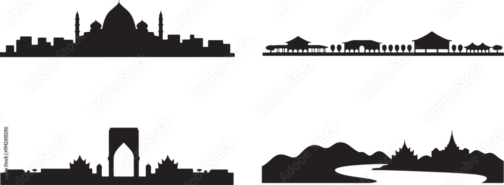 Obraz premium Various international city views presented as simple black graphic silhouettes for creative projects