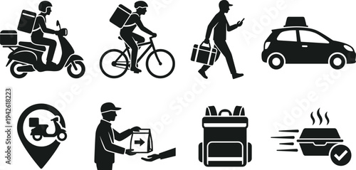 Fast Delivery and Online Courier Service Icon Set with Delivery Man Motorbike Bicycle and Takeaway Food