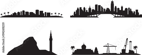 Variety of city skylines, including industrial areas, modern architecture and beach palm trees