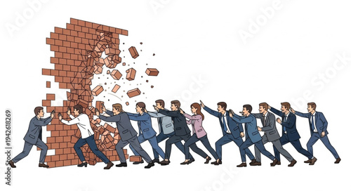 Business Team Destroying Brick Wall Together.