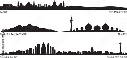 Zarqa jordan skyline, shymkent uzbekistan, nur sultan kazakhstan cityscape silhouette set