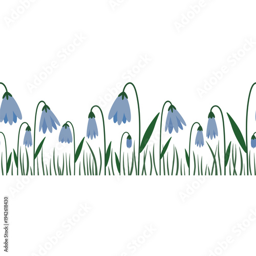Seamless horizontal border with spring bluebell flowers and green leaves. Delicate floral pattern for wedding invitations, greeting cards, and summer textile design. Isolated vector illustration.