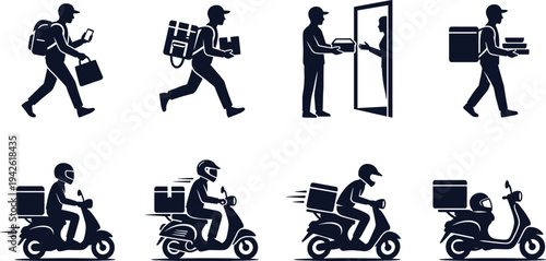 Fast Courier and Food Delivery Service Icons Set with Couriers on Foot and Motorbike Delivering Parcels