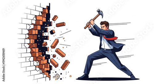 Businessman Breaking Down Brick Wall.