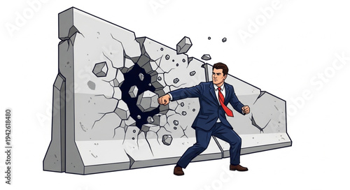 Businessman Breaking Concrete Wall with Fist.