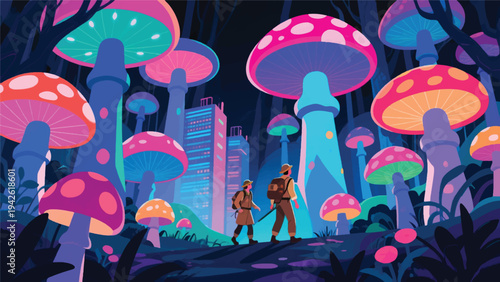 Illustration Of An Adventurer Walking In A Forest Of Giant Glowing Mushrooms Vector Design Template