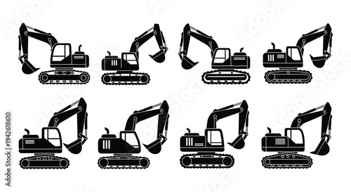 Black and white illustrations of various excavator machine designs