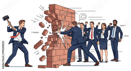 Businessman Breaking Down Brick Wall.