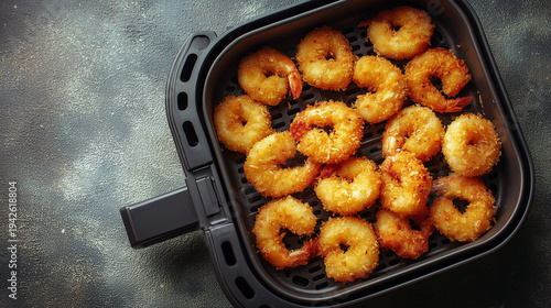 Overhead Flat Lay Air Fryer Basket with Golden Crispy Shrimp on Bright Paper Stone Texture Background