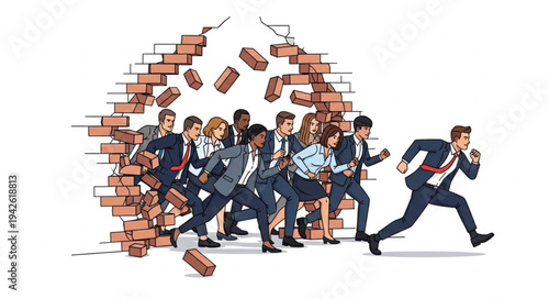 Business People Breaking Through Barrier.