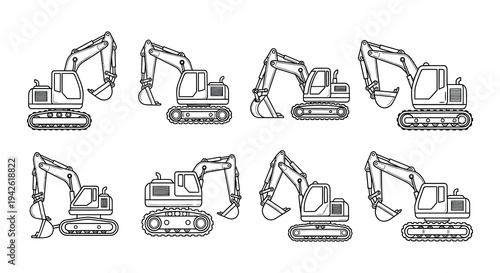 Black and white illustrations of various excavator machine designs