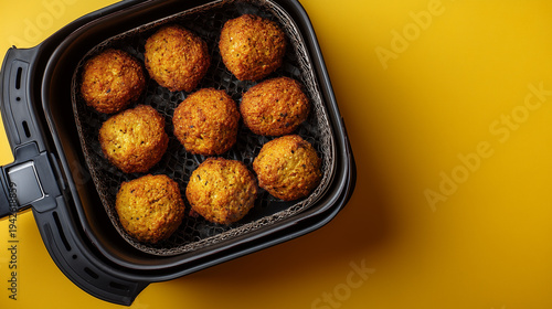 Overhead Flat Lay Air Fryer Basket with Golden Falafel on Bright Matte Kitchen Background