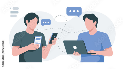 Two men communicating with each other through mobile devices and a laptop