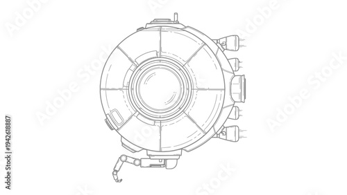 Futuristic Drone Concept: A detailed line drawing showcases a unique spherical drone design, featuring multiple propulsion units and an articulated arm, hinting at advanced technological capabilities.