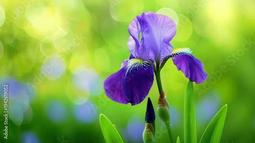 Vivid purple iris flower against bokeh green backdrop with sunlight filtering through